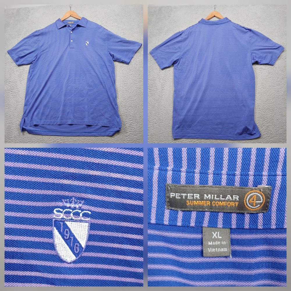 Peter Millar‎ Summer Comfort Polo Shirt Men's XL Blue Stripe SCCC Golf
